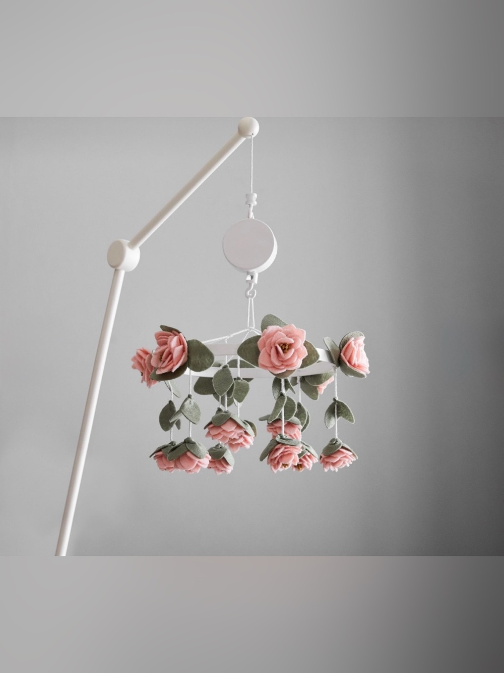 POTTERY BARN Pink Rose & Green Felt Mobile with Music Box & Crib Arm Nursery Set